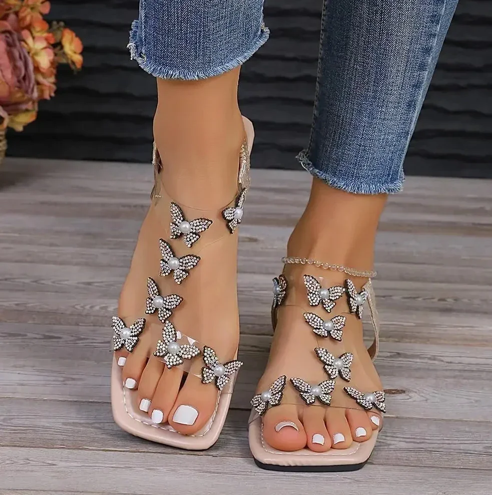 Rhinestone Butterfly Sandals Women New Summer Fashion Large Size Lightweight Slippers Banquet Party Vacation Beach Casual Shoes