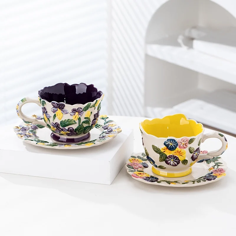 European Style Ceramic Milk Cups, Household Office Items, Porcelain Water Mug, Flower Pattern Coffee Cup and Plate Combination