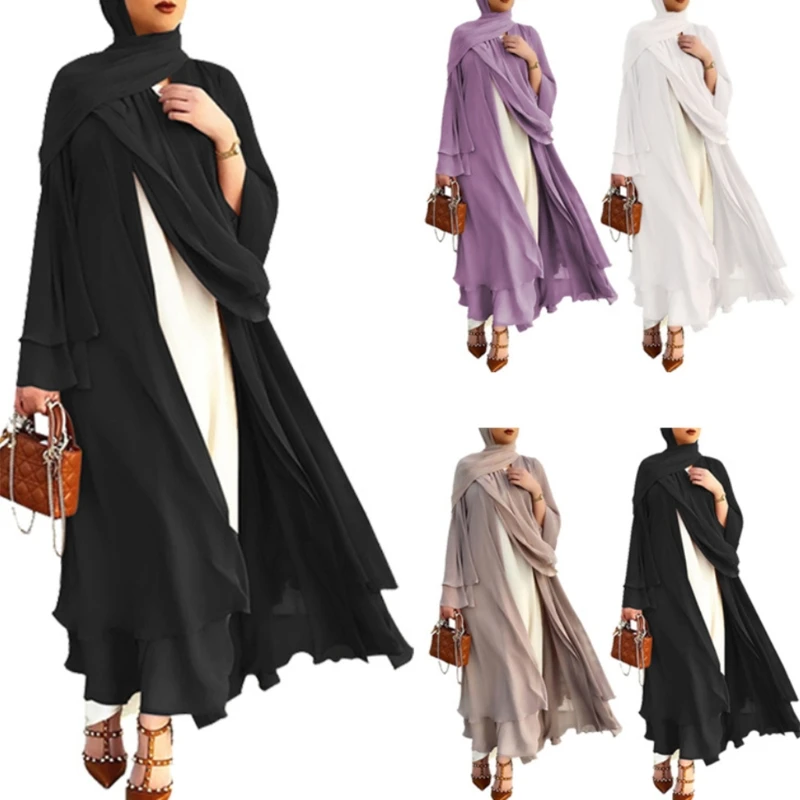 Muslim Long Sleeve Flowy Maxi Cardigan Islamic Open Front Kimono Abaya Robe Turkey Kaftan Solid Color Belted Loose Dress