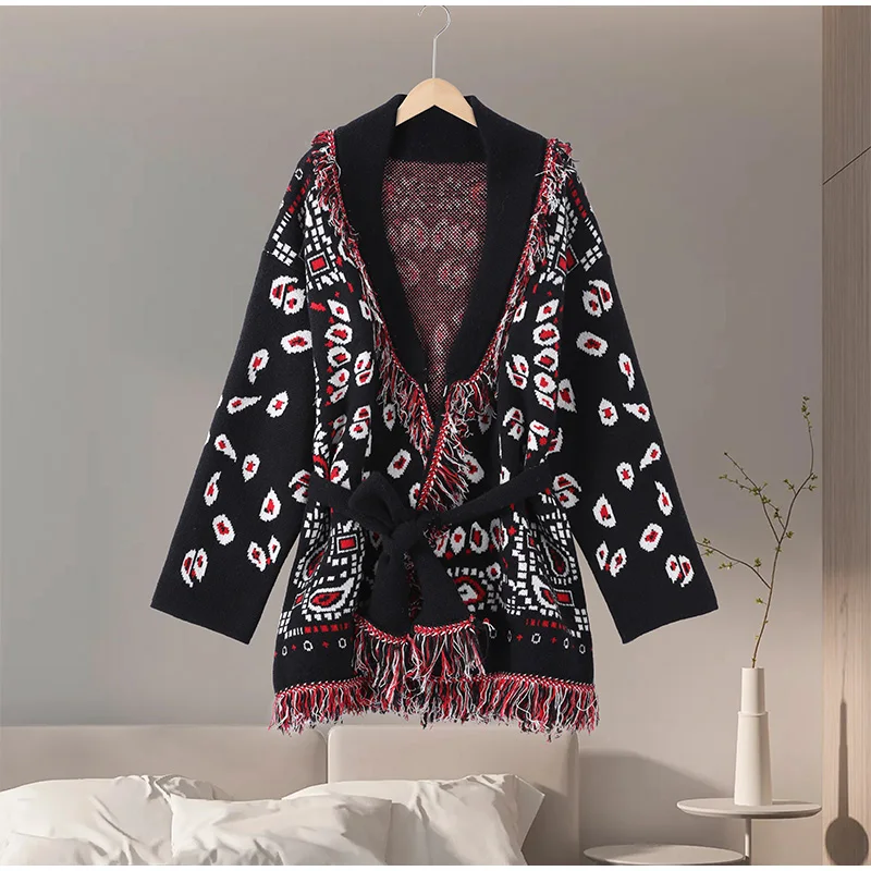 Elegant Knit Jacquard Tassel Belt Cardigan Women Lace Up Lapel Long Sleeve Warm Sweater 2026 Autumn Winter Lady Knitwears New 9 Sc40e1819469e459296c891b4cba2a801G