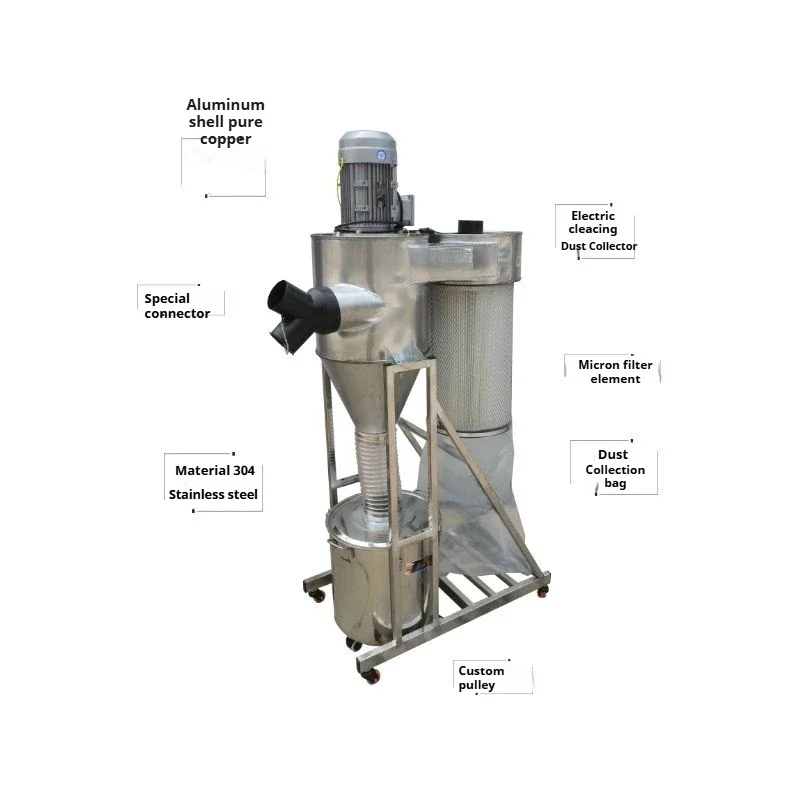 3HP 2.2KW Food Grade 304 Stainless Steel Vacuum Cleaner Cyclone Separator Dust Collector Industrial Bag Duster