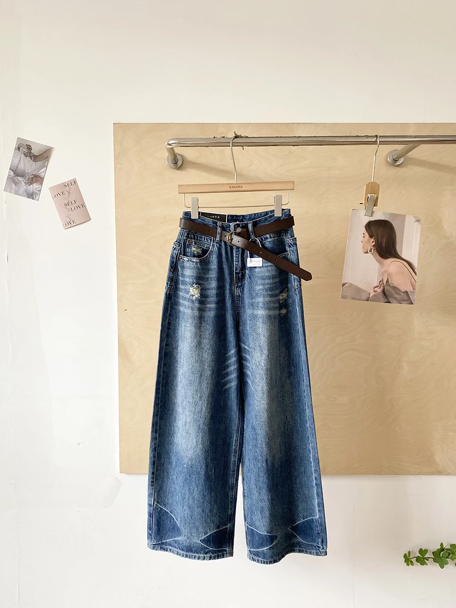 

Spring 2026 High Waist Women's Fashionable Chic Drapey Denim Pants Versatile Wide Leg Jeans Korean Style Polyester Fiber