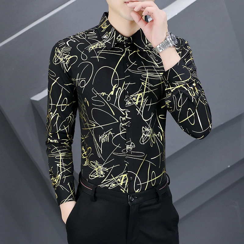 Bronzing Messy Line 3D Digital Print Luxury Long Sleeve Men Shirt Autumn New Quality Soft Comfortable Slim Cool Camisa Masculina