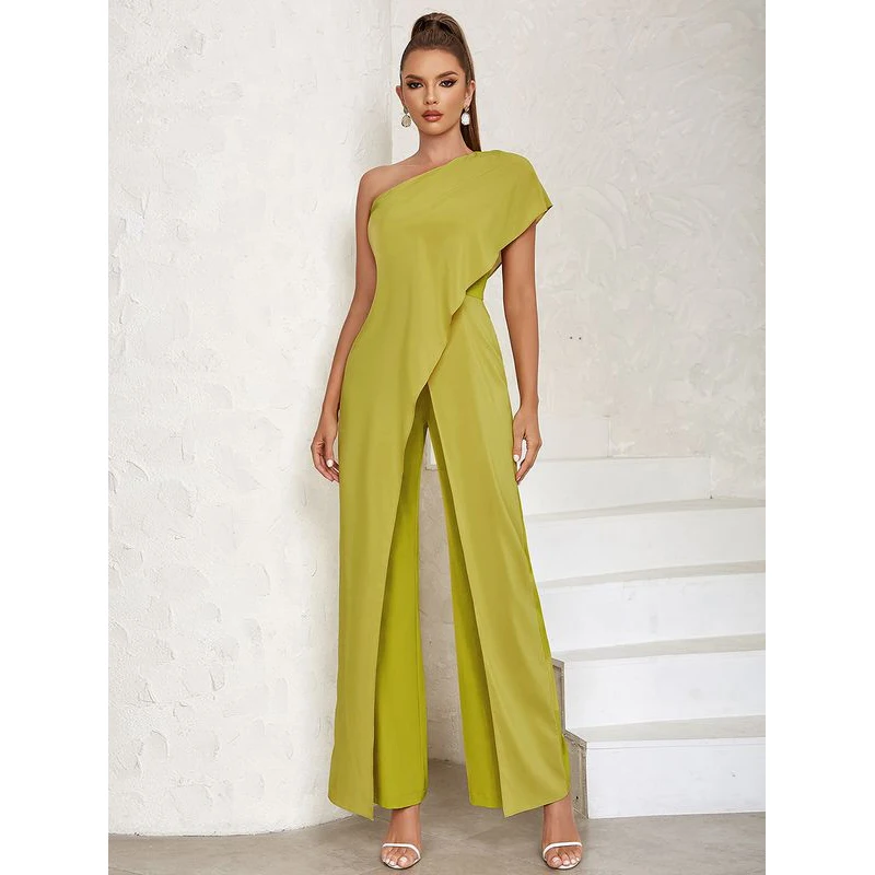 MSMUSI 2024 New Fashion Women Sexy One Shoulder Ruffles Draped Sleeveless Backless Bodycon Party Club Flare Pant Lady Jumpsuit