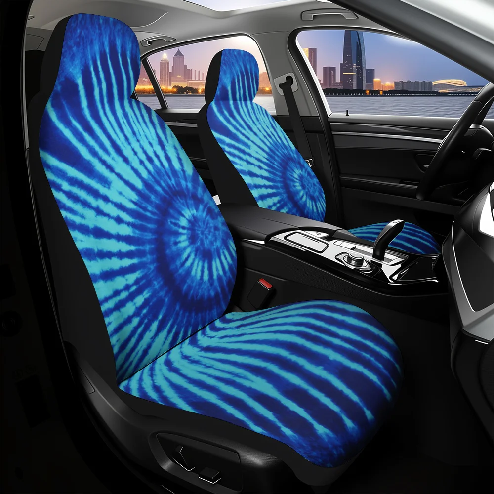 Set Of 2, Stylish Blue Tie Dye Spiral Design Front Seat Covers, Upgrades Car Interior With A Fresh Look For Front Seats, Easy To