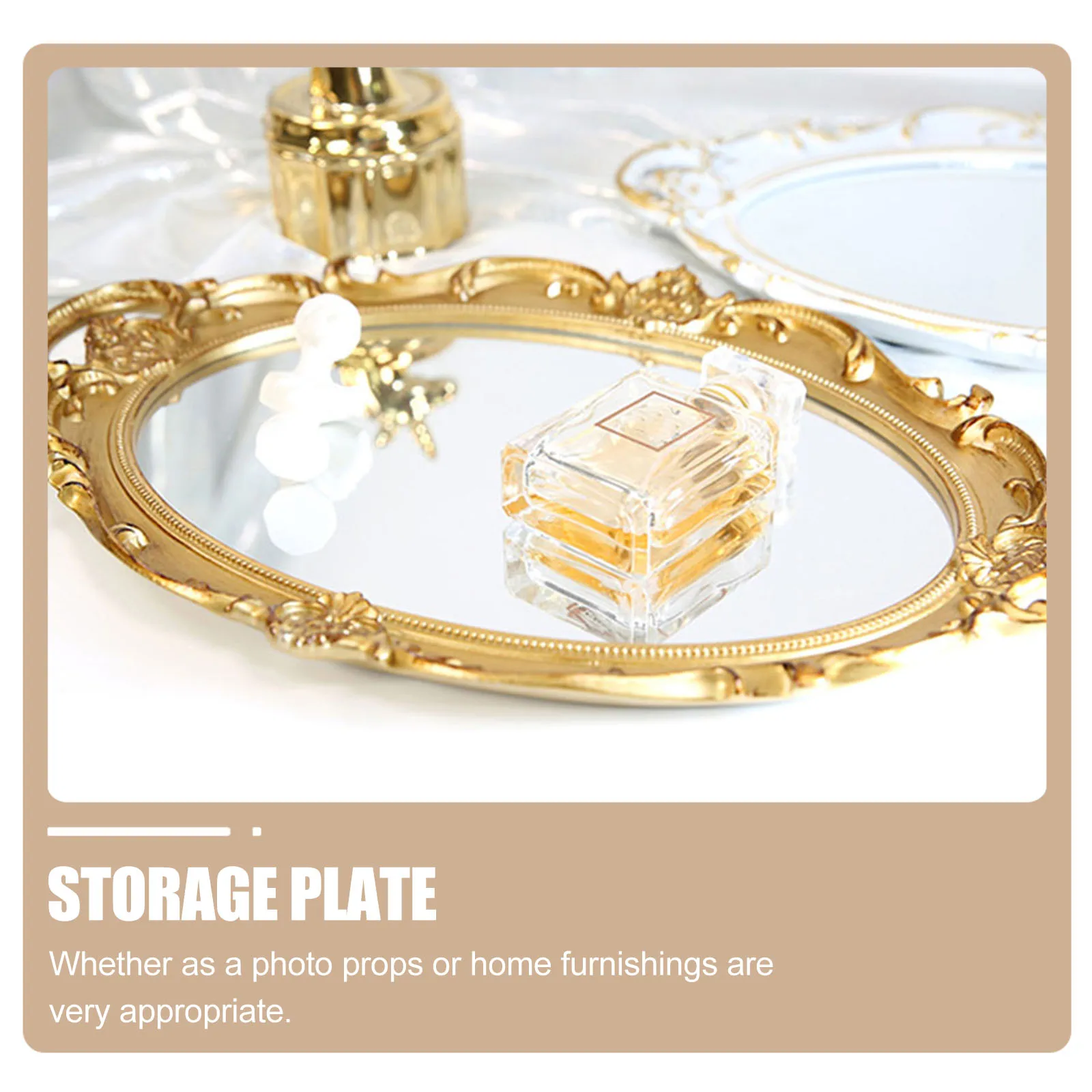 

1pc Retro Storage Plate European Mirror Tray Golden High Quality Textured Organizer Home Decor Kitchen Party Decorative