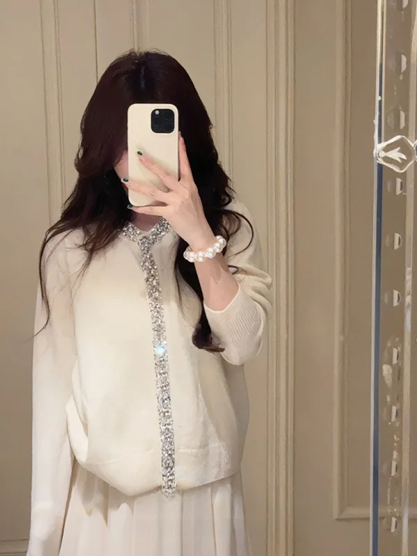 

Heavy-Embroidered Diamond Knitted Open Cardigan Sweater Women's Winter Elegant Lady Loose Versatile Top French Style Long Sle...