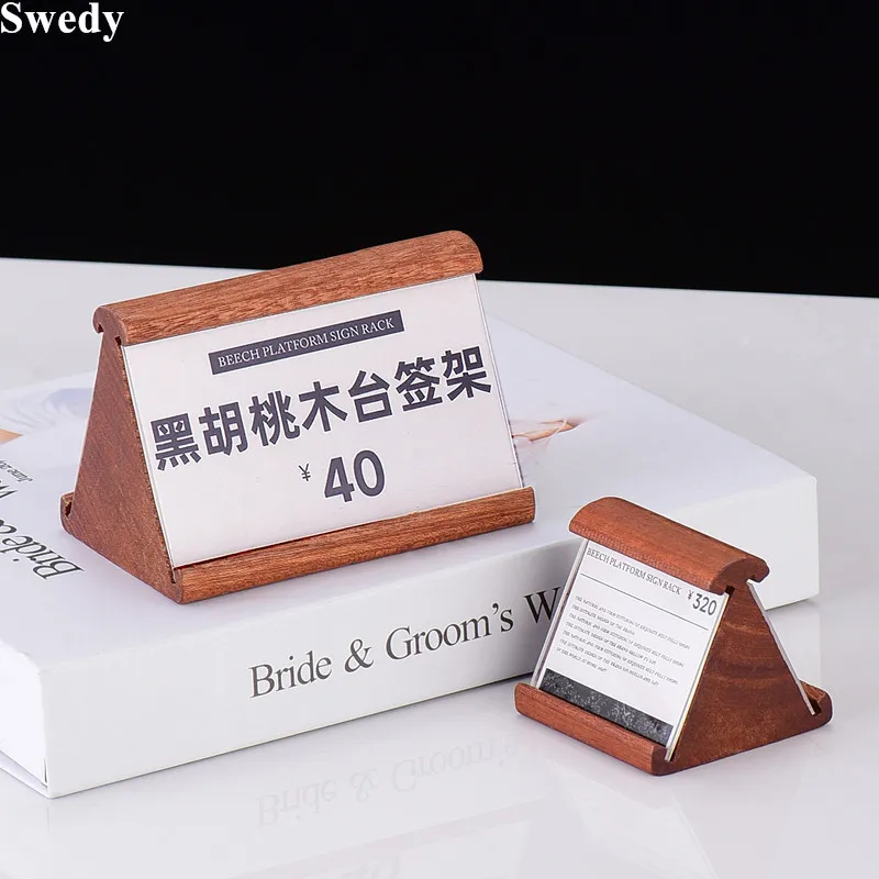 5 Pieces Wooden Price Tag Holder Walnut Acrylic Label Holder Stand Merchandise Pricing Sign Holder Display Rack