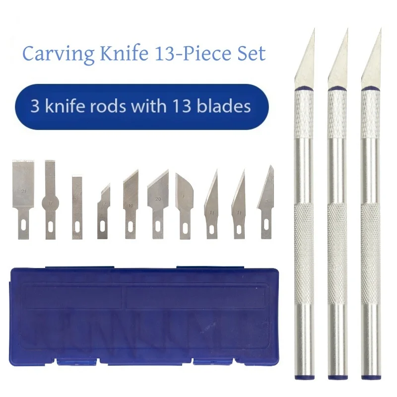 

Набор ножей для резьбы в синем футляре, 13 шт., 3 нескользящие ручки и 10 острых лезвий для резьбы по дереву, полимерная глина и гравировка своими руками, 5 комплектов