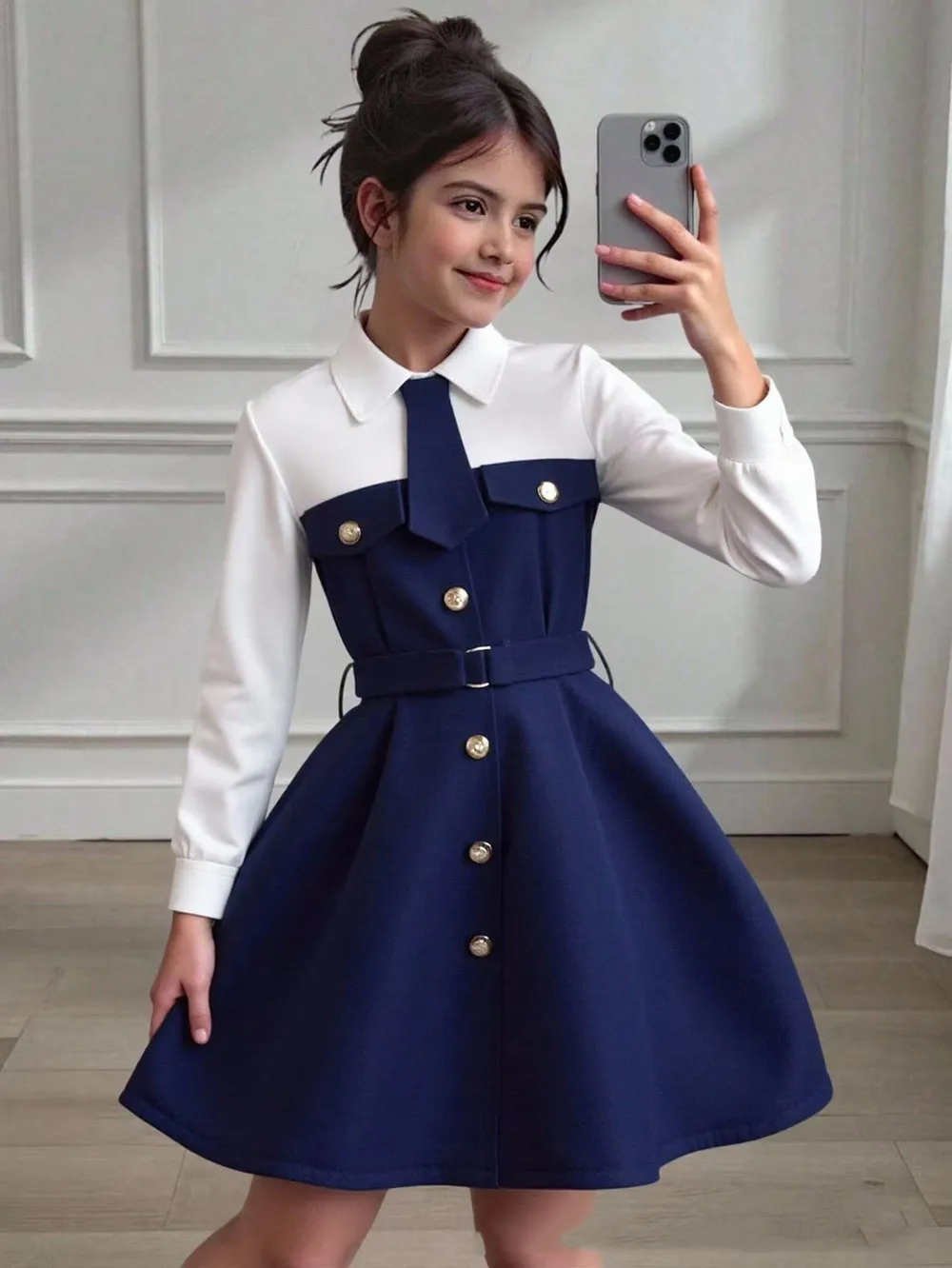 

2026 New Girls Preppy Style Long Sleeve Shirt Dress Color Block Patchwork Fake Pocket Button Decor Waist Belt Versatile Dres