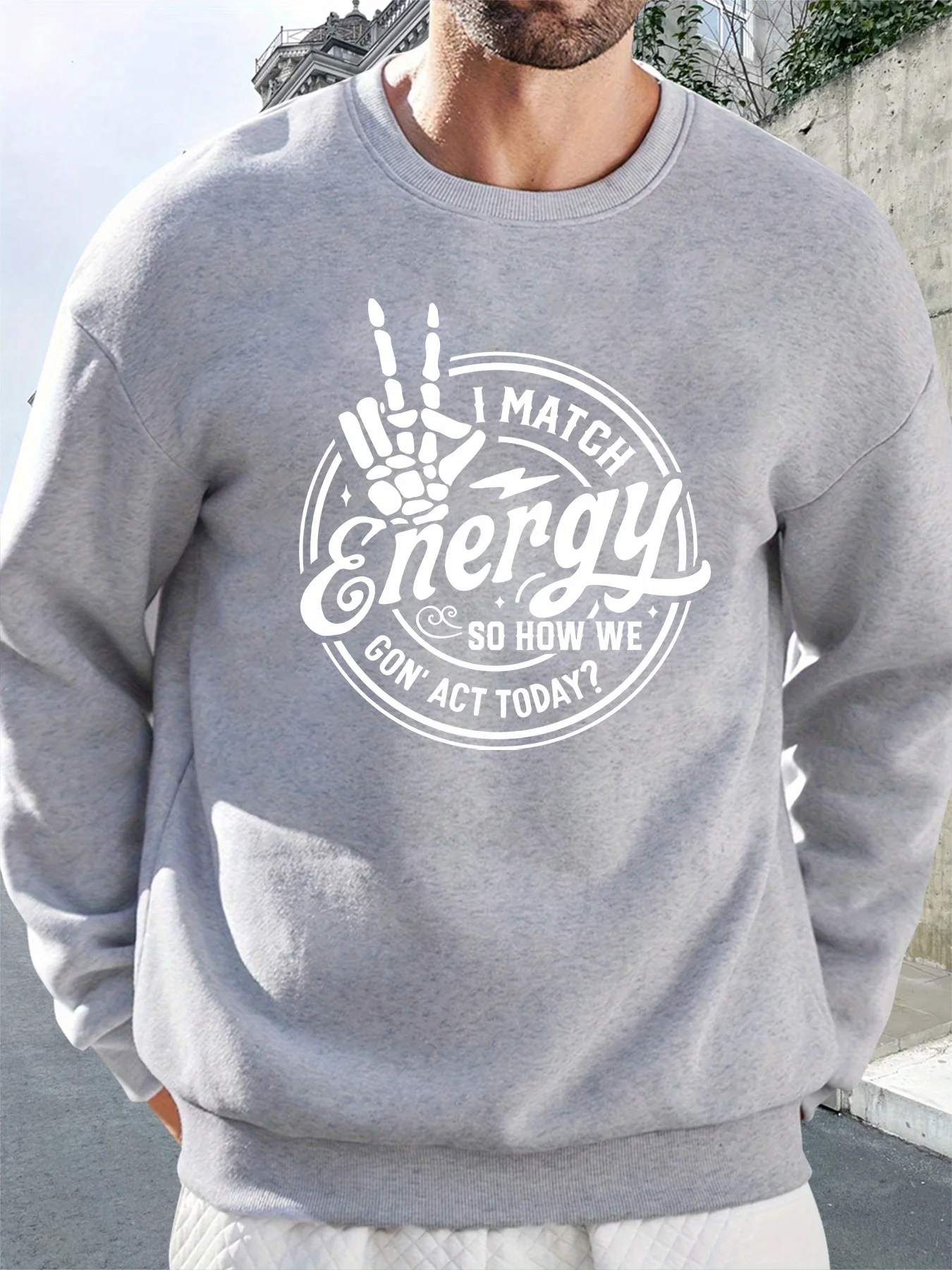 

Men's Graphic Sweatshirt - Brown Relaxed Fit Pullover with Energy Match Rock Hand Symbols - Casual Everyday Streetwear Sweater