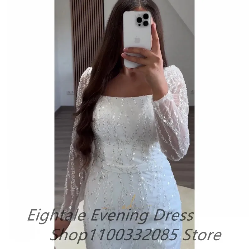 White Mermaid Knee Length Shinning Evening Dress Long Sleeve Luxury 2023 Sequined Formal Prom Dress Dubai Party Gown Customized