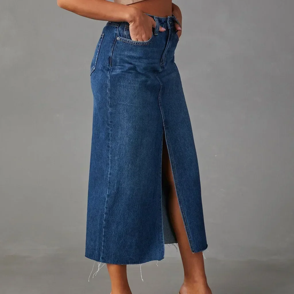 Women Skirts Sexy Solid Washing Denim High Waist solid long skirt Wrap Buttocks Basics Spliced Ankle Length Pockets Zipper Fly