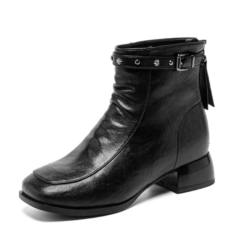 DRKANOL 2027 Women Thick Heel Ankle Boots Autumn Winter Square Toe Pleated PU Leather Back Zipper Plush Warm Leisure Boots Black