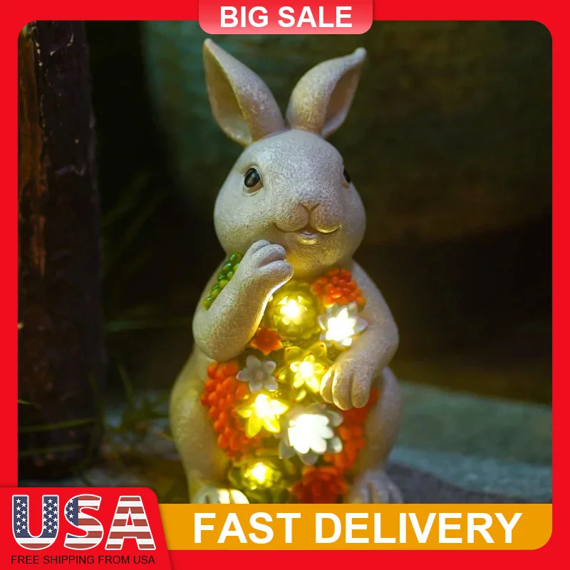 

Solar Powered Bunny Statue with LED Lights Succulent Planter Outdoor Auto On Night Light Unique Gift for Garden Patio Yard