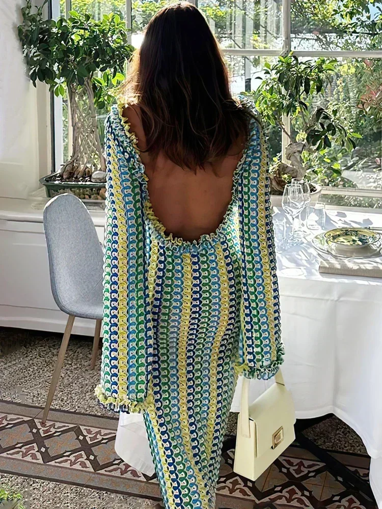 

Кружевное пляжное праздничное длинное платье с открытой спиной, женское ажурное лоскутное элегантное свободное контрастное вечернее платье, женское платье макси, новое