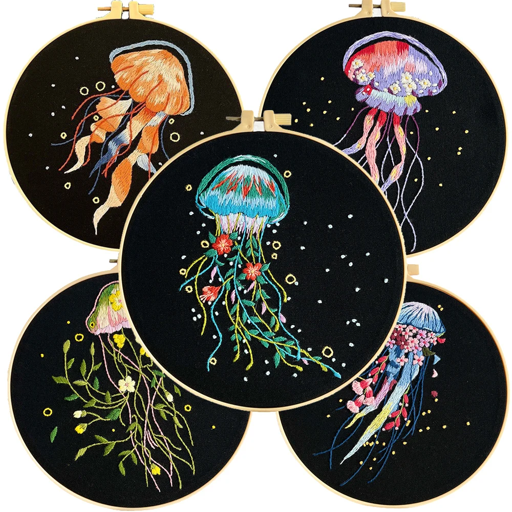 Embroidery Starter Kits for Adults Beginners with Sea Animals Jellyfish Pattern Easy Beach Stamped Cross Stitch Starter Kit