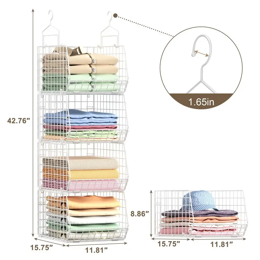 Extra Deeper Foldable Hanging Closet Organizer, Small Wire Cabinet Shelves and Storage with 5 S Hooks,4 Tier Metal Basket Bins f