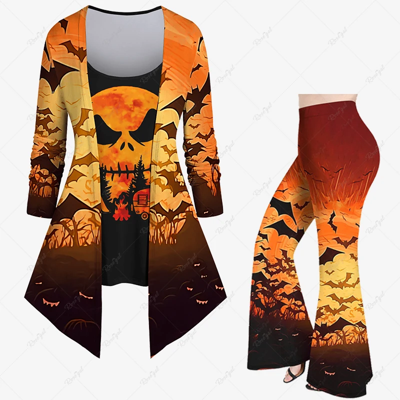 Autumn 2023New Halloween 3D Skull Rose Flower Plaid Bird Pumpkin Bat Flame Print 2 in 1 T-shirt Or Flare Pants Daily Casual Set