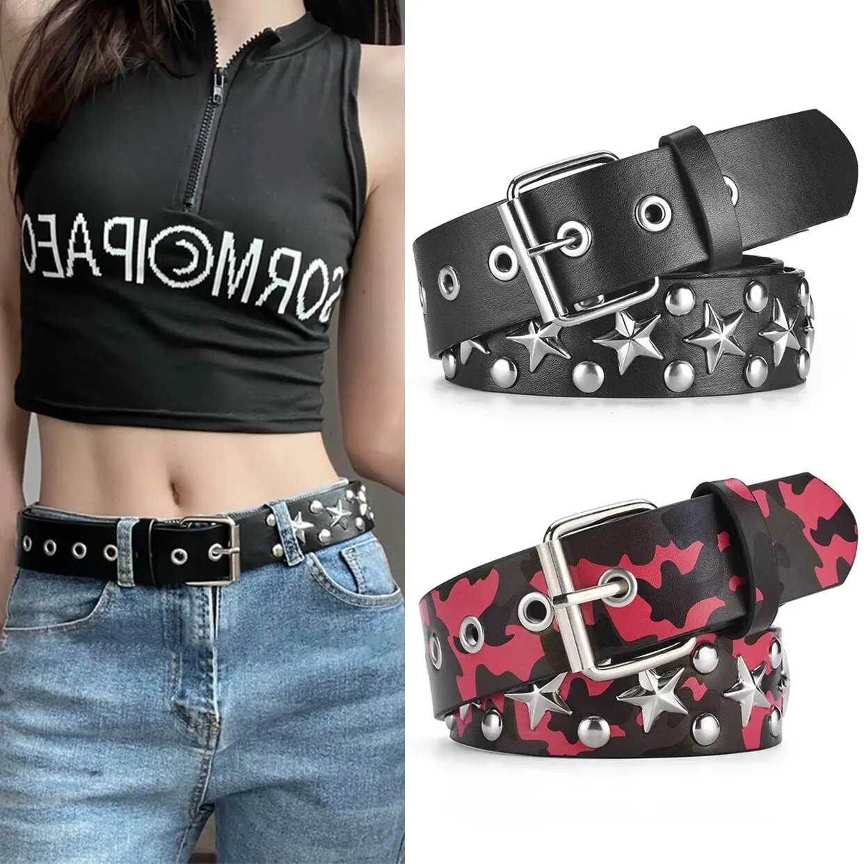 Women's Belt Fashion Pentagonal Star Belt Y2k Belt Camouflage Punk Hiphop Rock Men's Belt Paired With Jeans Belt Pu Leather Belt