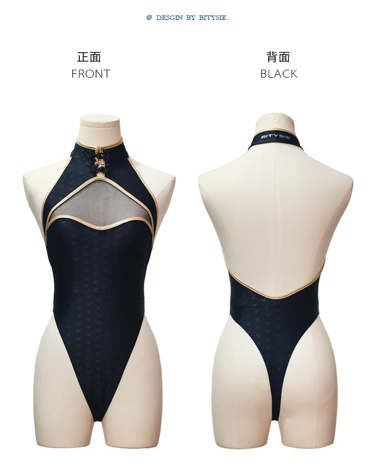

BITYSIE Sexy High Leg One-Piece Swimsuit Women Fish Scale Pattern Transparent Mesh Splicing Leotard Bathing Suit Beachwear