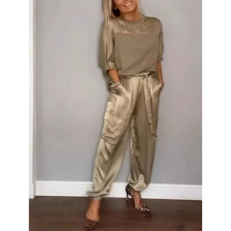 

2025 For Women Spring Summer Fashion Solid Color Satin Two Piece Set New O Neck Sleeve Top Long Pants Bear House 002