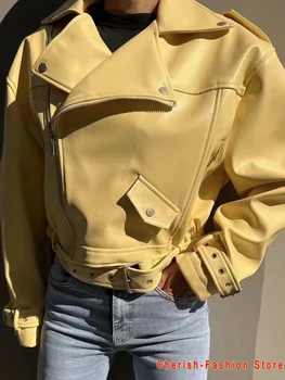 Blouson de motard en Faux cuir pour femme, élégant, à la mode, fermeture éclair, rose, jaune, noir, Slim, décontracté, marque