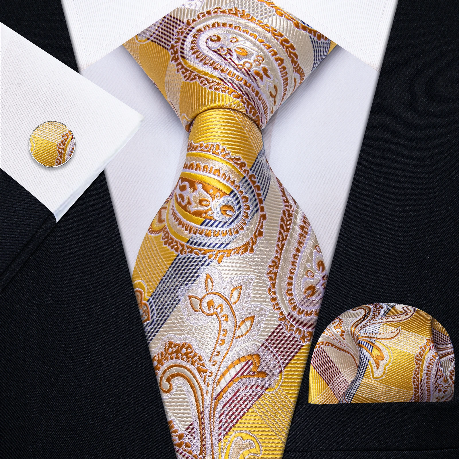 Luxury Yellow Striped Necktie with Pocket Square Cufflinks for Business Party Wedding Unique Design Paisley Tie for Man Gift