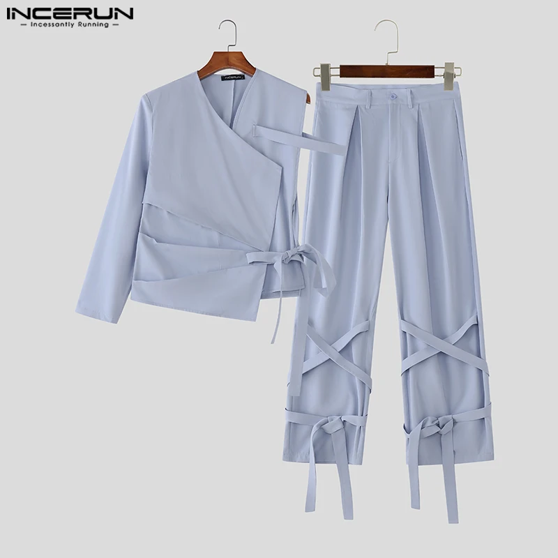 INCERUN Men Sets Solid Color Lace Up V Neck Irregular Blazer & Pants Two Pieces Sets Streetwear 2025 Fashion Casual Men's Suits