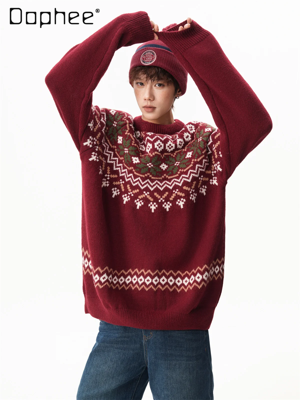 Autumn Winter New American Style Red Warm Round Neck Sweater Men's Retro Atmosphere Loose Casual Brown Knitted Sweater