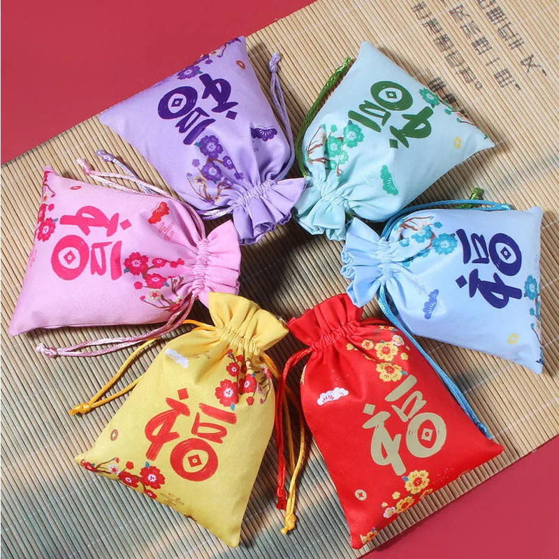 50pcs/Lot 10*14cm Chinese Style Peach Blossom Satin Cloth Drawstring Bags Pouches Wedding Gift New Lucky FU Bag