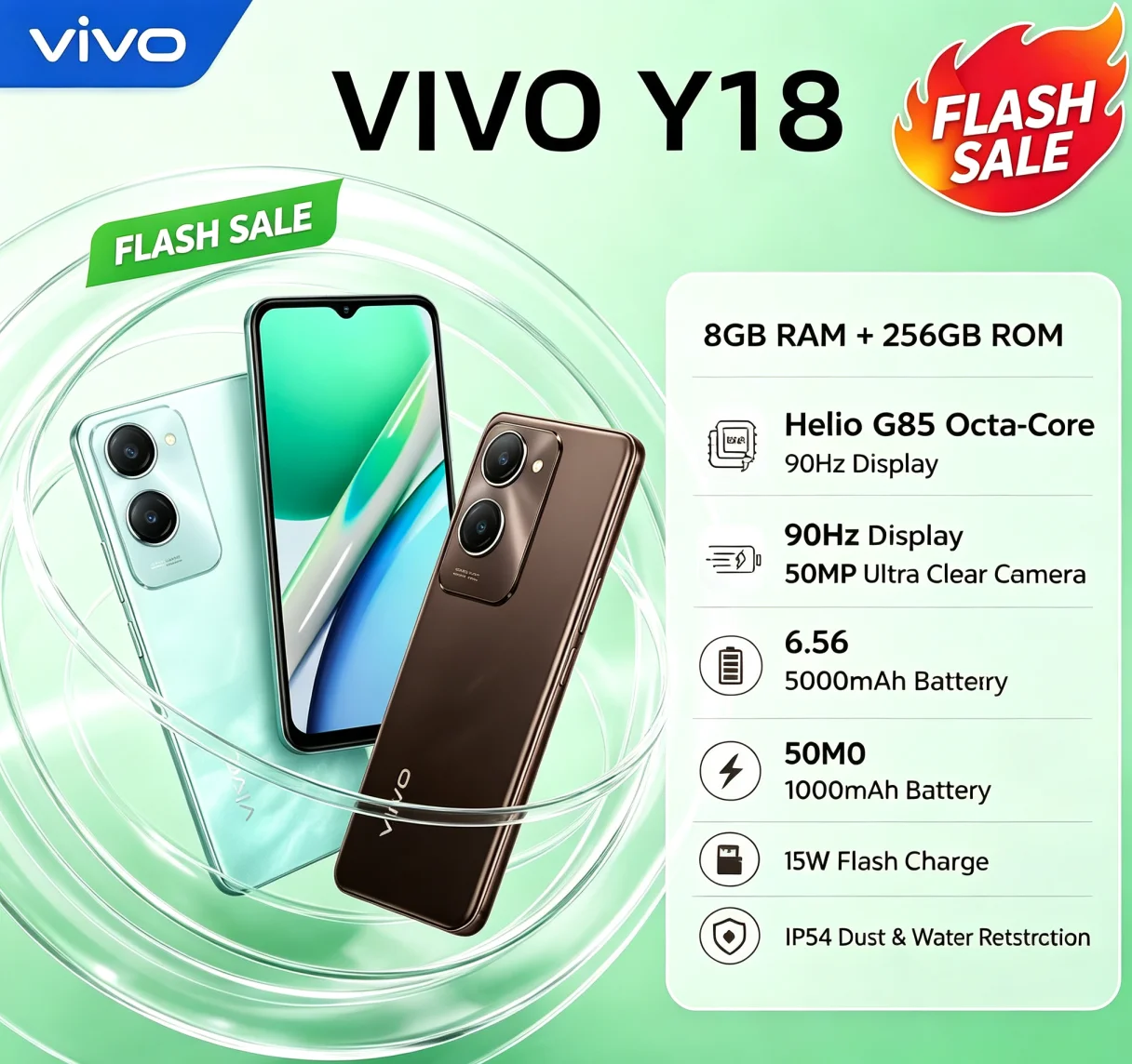 Popular Pick 2026 Global Unlocked VIVO Y18 Cellphone 8+256GB Mass Storage 90Hz Comfortable Display 5000mAh Durable Battery