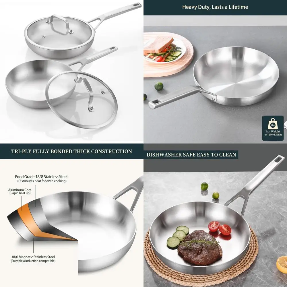 

Stainless Steel Pan Set, 10 & 12 Inch Frying Pans with Lids, 2 Piece, Fully Bonded, Oven and Dishwasher Safe, Compatible for Coo