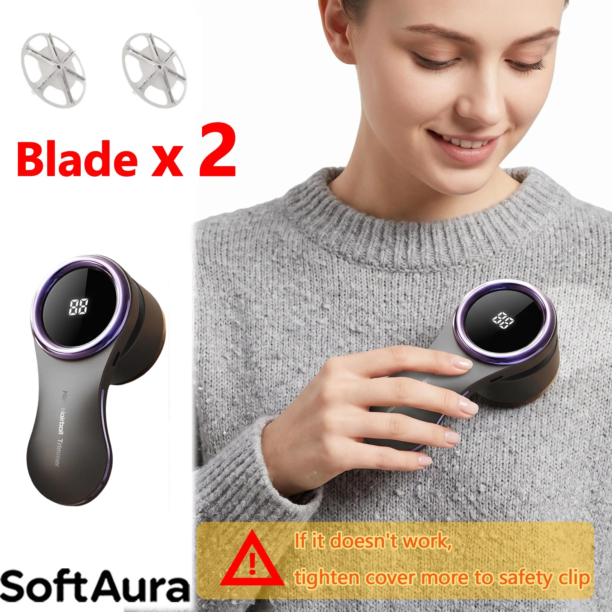 SoftAura 2-Klingen Elektrischer Fusselentferner Stoffrasierer LCD-Display USB-Aufladbar Kleidungs-Fusselentferner für Zuhause
