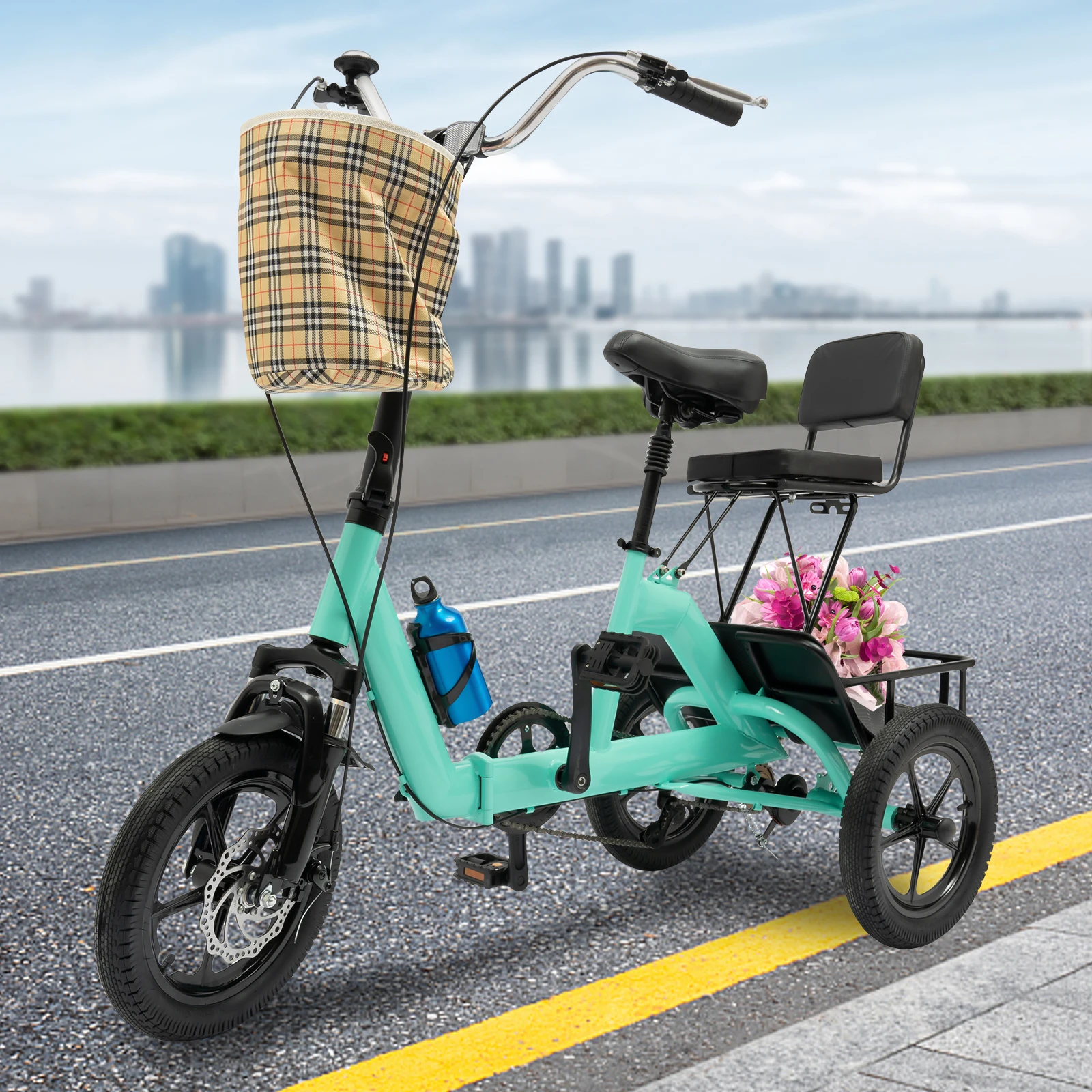 14-inch Foldable Tricycle With Baskets High-quality High-carbon Steel Aluminum Alloy Adjustable Seat Portable Foldable Tricycle