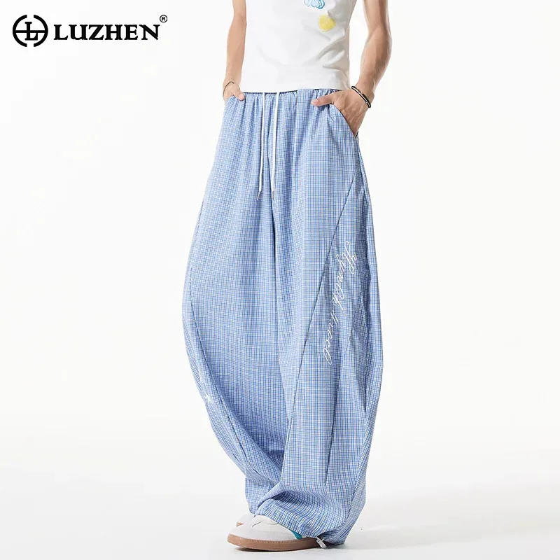 

LUZHEN Plaid Printed Elastic Waist Loose Casual Pants Men Original 2025 New Straight Wide Leg Trousers Drawstring Design JY2892