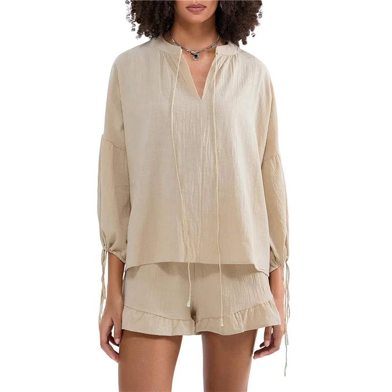 CYL-Zestaw damski: szorty, dwuczęściowy komplet, bluzka z długim rękawem i wiązaniem, oraz marszczone szorty typu bokserki, dopasowany zestaw na co dzień