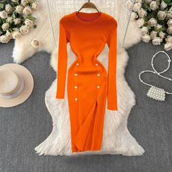 YuooMuoo Chic Fashion Long Sleeve Sexy Package Hips Split Knitted Dress 2024 Autumn Winter Elegant Double-breasted Sweater Dress