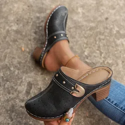 Women Slippers Chunky Heels Women Platform Sandals Height Increase Lady Summer Retro Round Mules Thick Sole Slides Zapatos Mujer