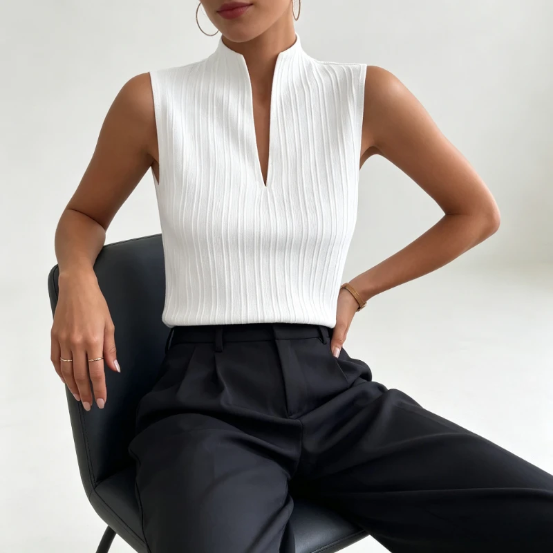 2026 Summer Sleeveless V-Neck Elegant Temperament Shirt Women's Simple White Slim Vest Fashion New Casual Commuter Pullover