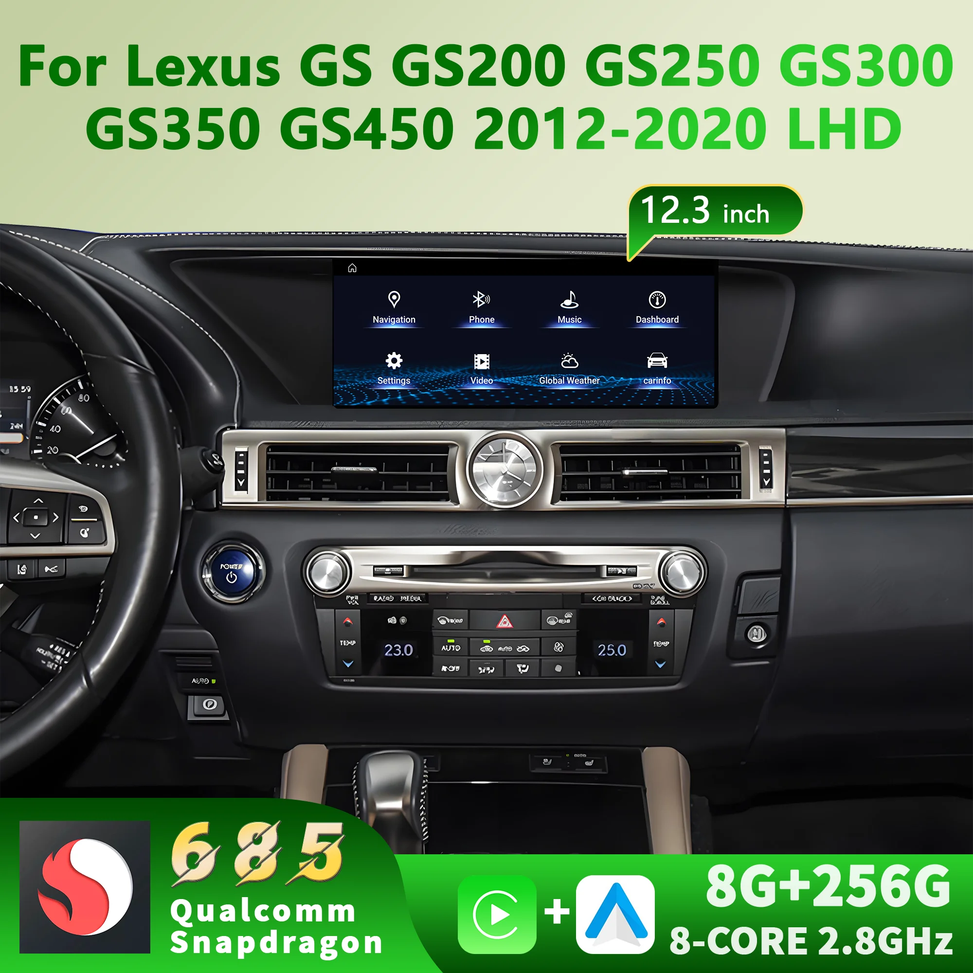 12.3 inch Android 14 For Lexus GS GS200 GS250 GS300 GS350 GS450 2012-2020 Snapdragon 680 Car Radio BT GPS Carplay Split Screen