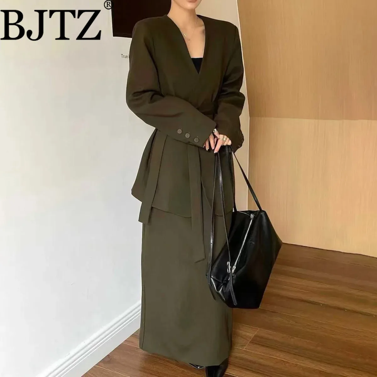 BJTZ Solid Color V-neck Blazer Jacket And Skirt Two Piece Set For Woman 2025 Spring Autumn New Trendy Lace-up Tie-waist Coat Set
