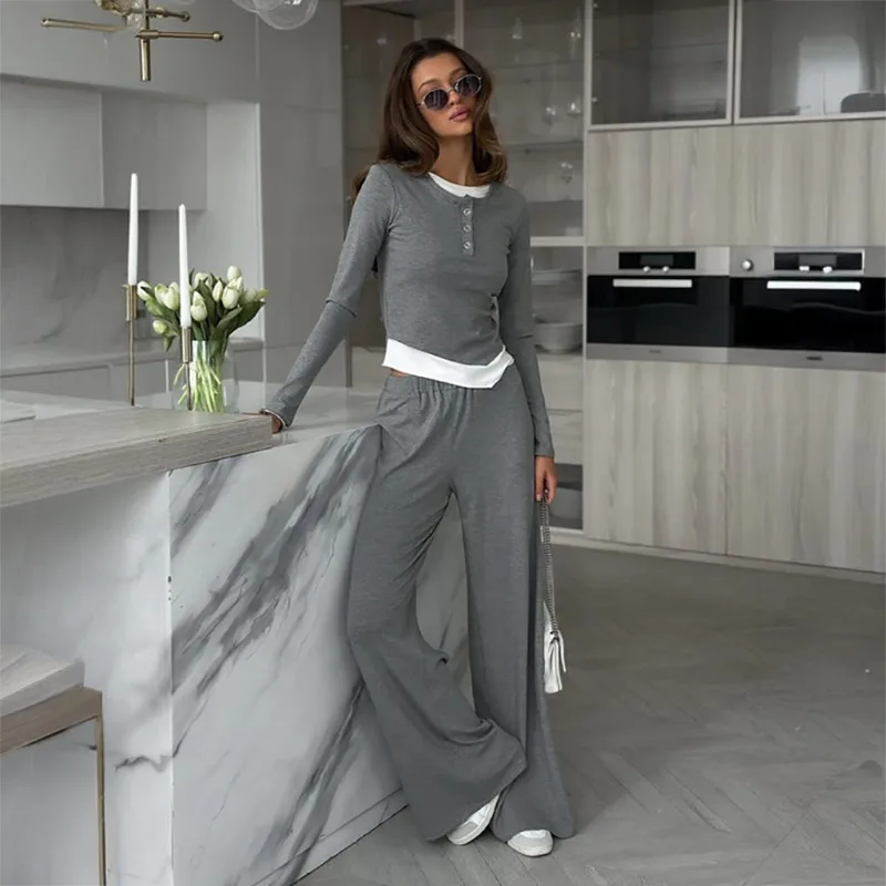 

Tuularose Women's Pant Sets Casual Loose Pullover Patchwork Top Solid Trouser Set Commuter Streetwear Homewear Female Pant Sets