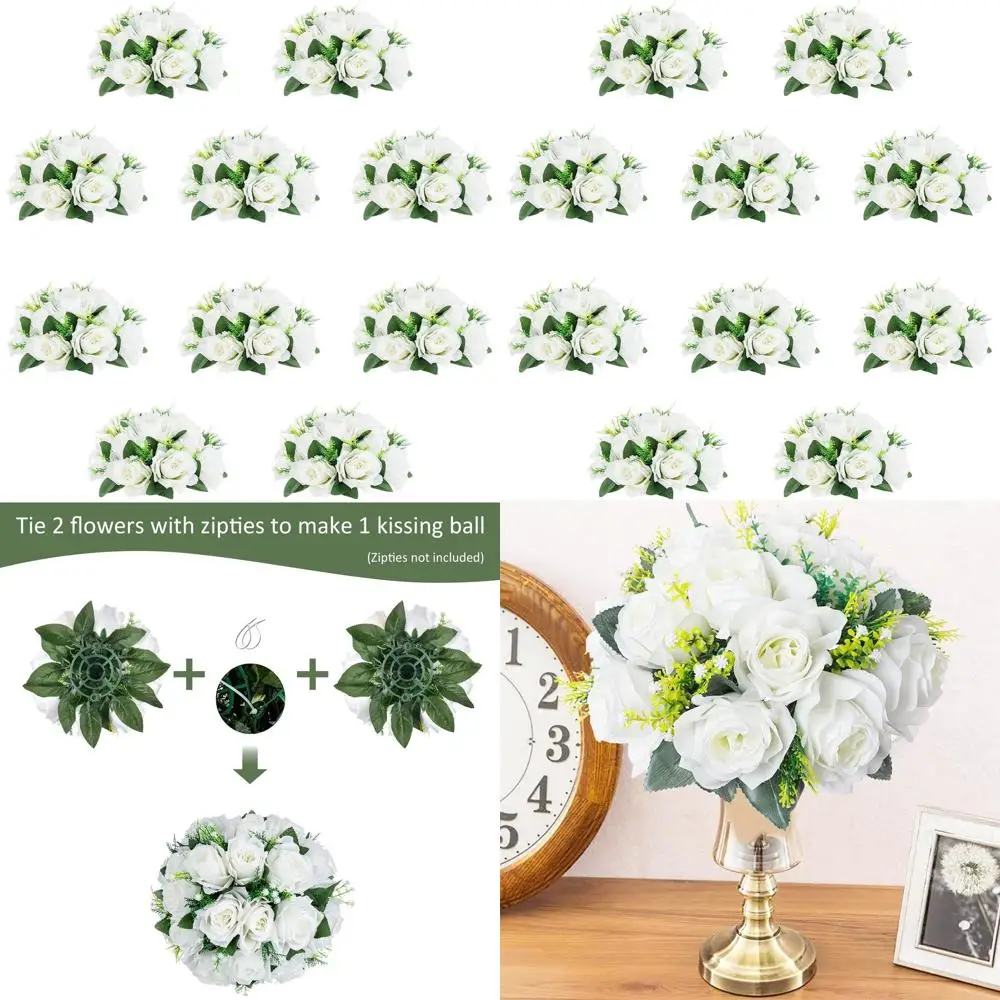 

Искусственный букет из белых свадебных роз (9,5 шт.) с подставкой, идеально подходит для Дня святого Валентина, вечеринок и домашнего декора