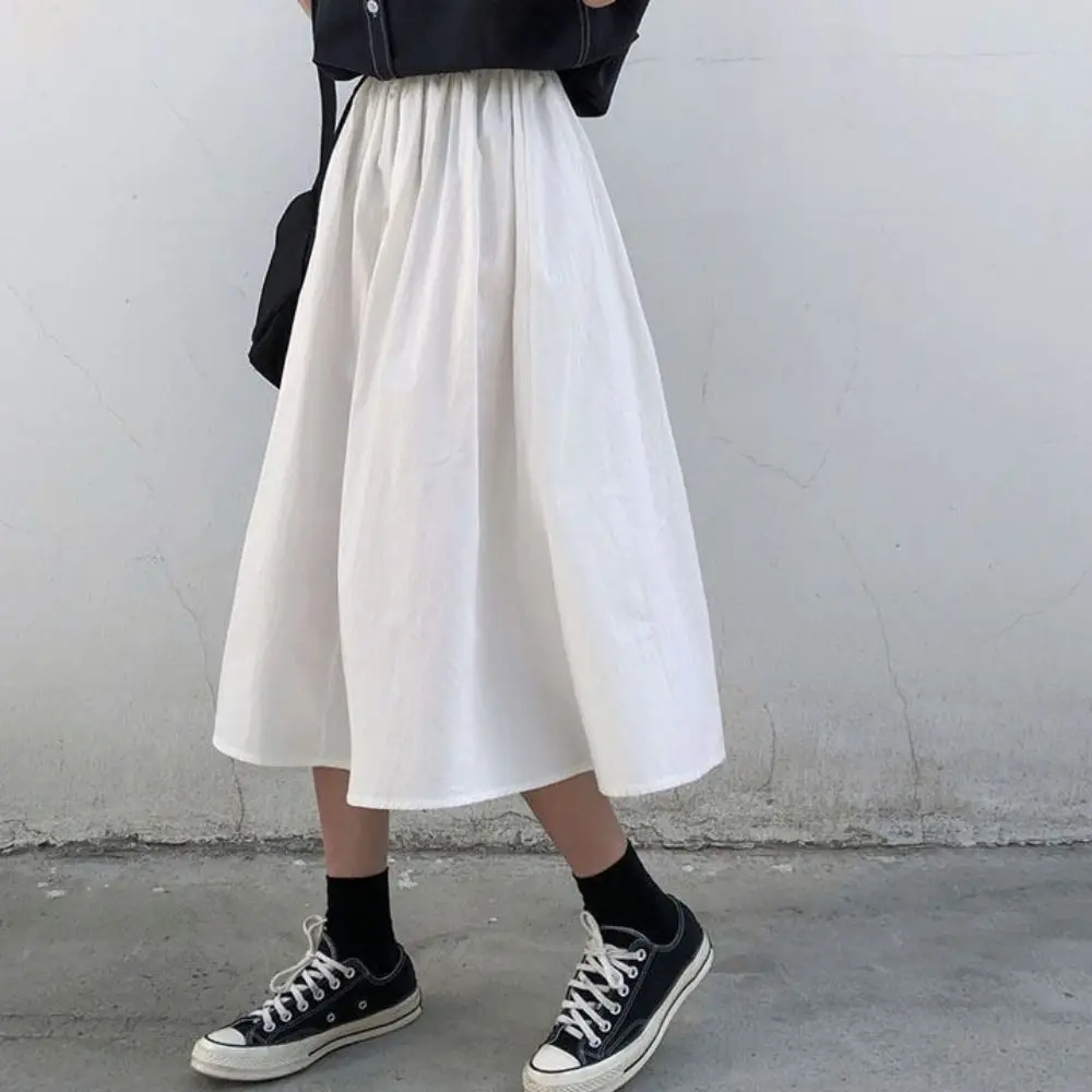 Rok Panjang Wanita High Waist Warna Solid, Rok Panjang High Waist Chic Patchwork Longgar Model A-line, Gaun Setengah Panjang untuk Sehari-hari