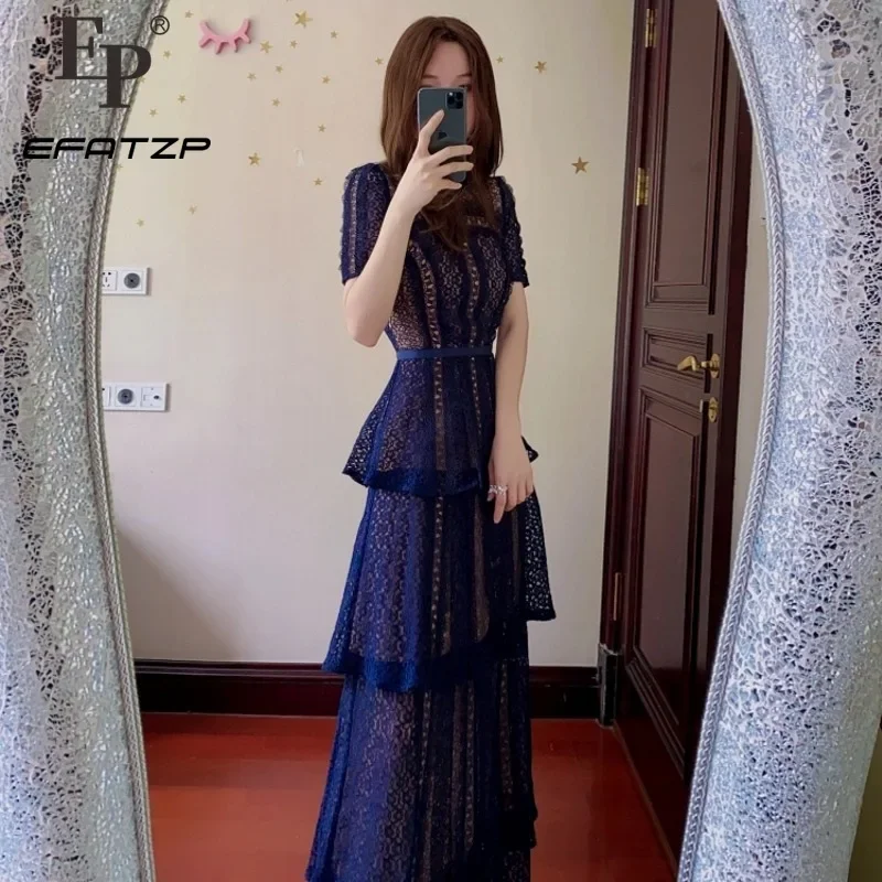 

A-word Slim Long Dress Lace Splicing Dark Blue Women's Clothing New