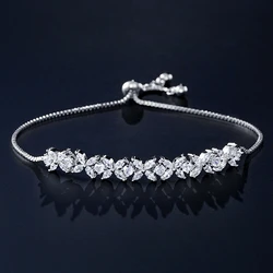 Classic Shiny Clear Zircon Flowers Adjustable Charm Bracelets for Women Sliver Color Fashion Wedding Jewelry