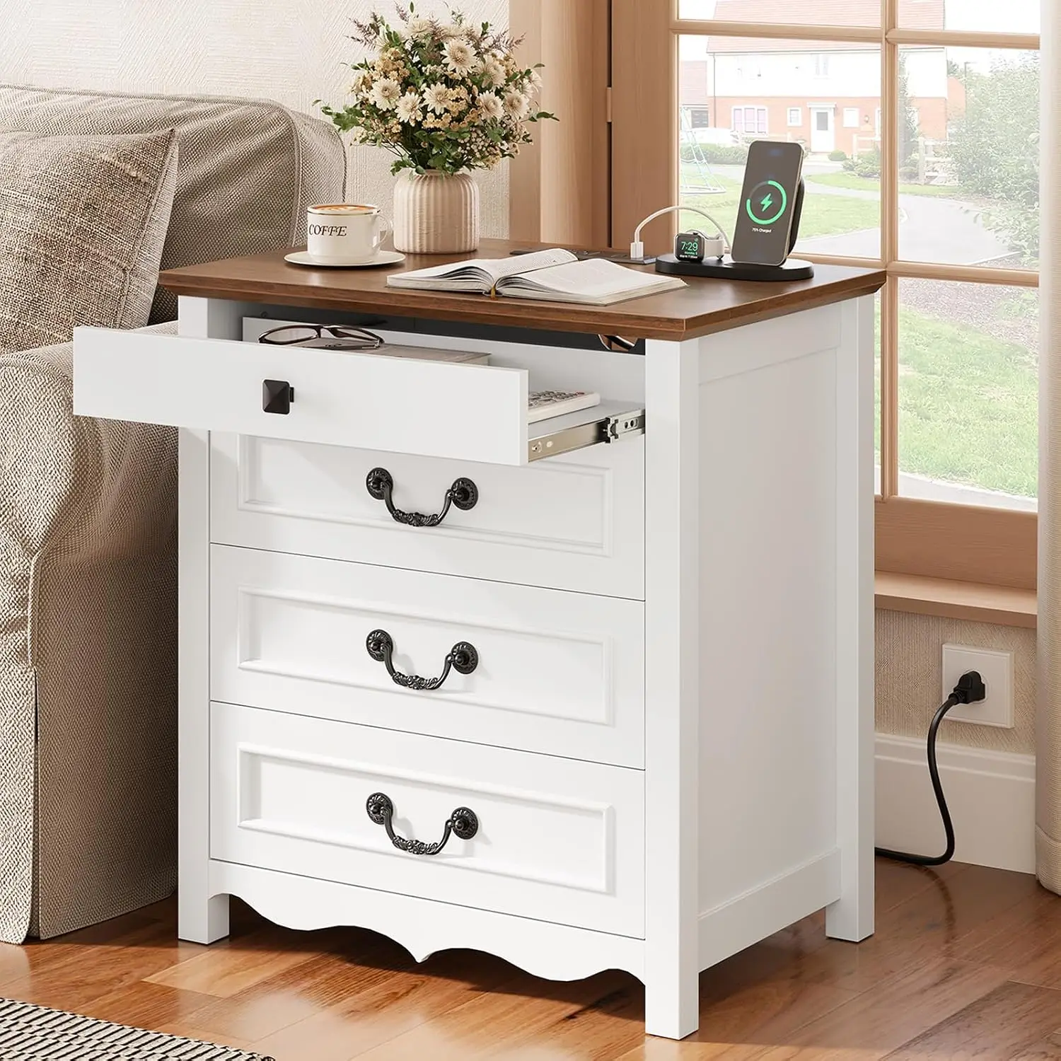 Farmhouse Nightstand Charging Station 4 Drawers 26.4