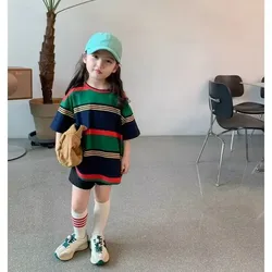 Girls Baby T-shirt Dress Summer Medium Length Korean Cotton Children's Contrast Stripe Dress New Fashion Girls' T-shirt Top