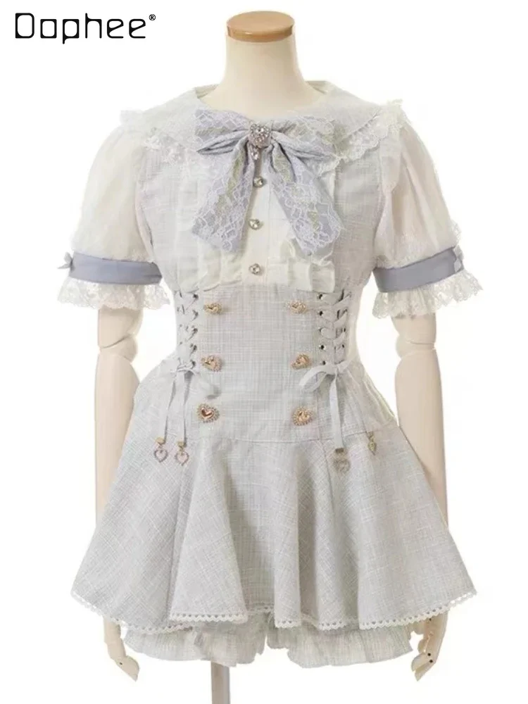 Japanese Style Lolita Sets 2023 Fall New Mine Mass-Produced Short Sleeve Mid-length Shirt and Plaid Tweed Shorts Two-Piece Suit